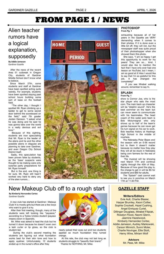 Gardiner Gazelle - April Fool's Edition page two - various articles