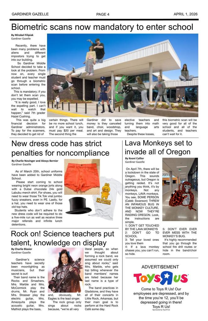 Gardiner Gazelle - April Fool's Edition page four - various articles