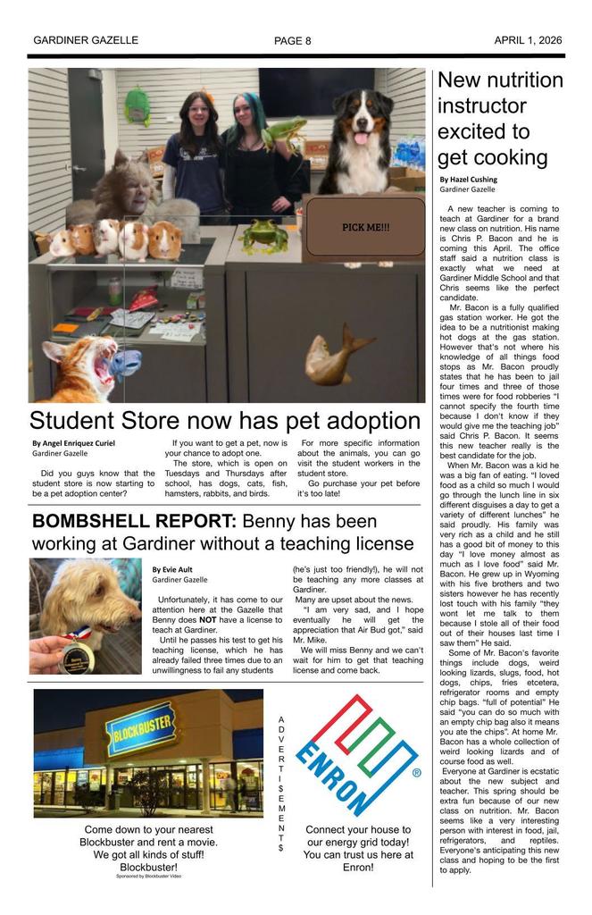 Gardiner Gazelle - April Fool's Edition page eight - various articles