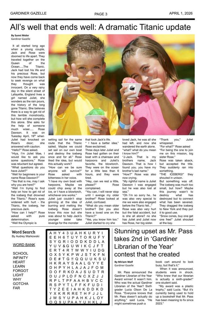 Gardiner Gazelle - April Fool's Edition page three - various articles