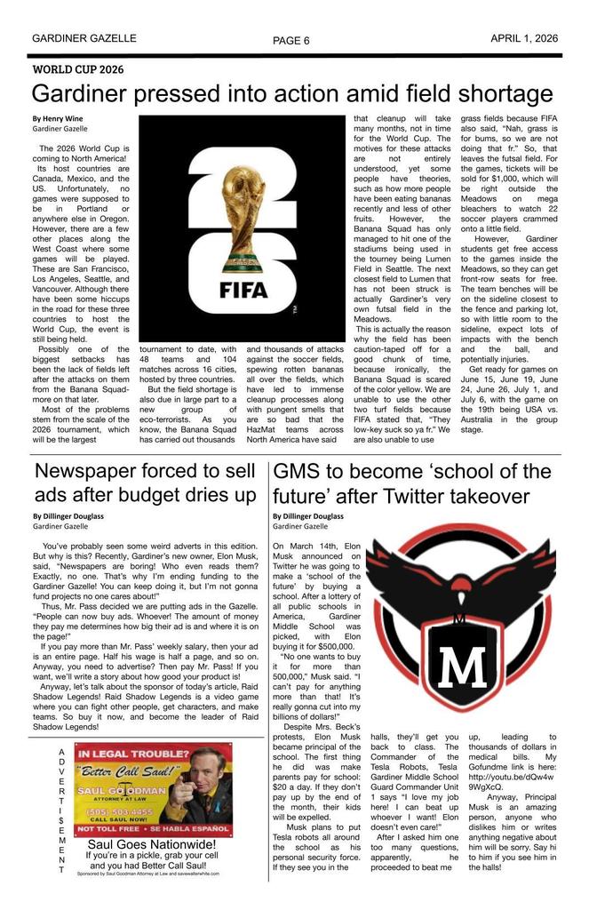 Gardiner Gazelle - April Fool's Edition page one - various articles