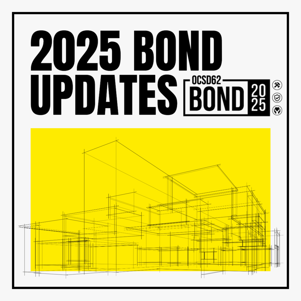 Decorative: 2025 Bond Updates in bold text, architectural line sketches of a building on a yellow box. 