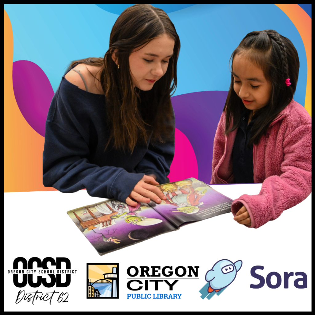 An older student reading to a younger student with three logos below: Oregon City School District, Oregon City Public Library, and Sora