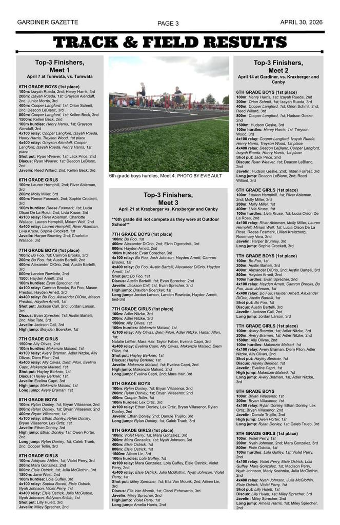 Gardiner Gazette page three - Track & Field Results