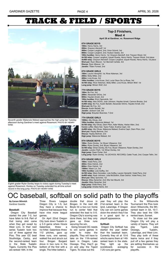 Gardiner Gazette page four - Sports - Track & Field continued, baseball