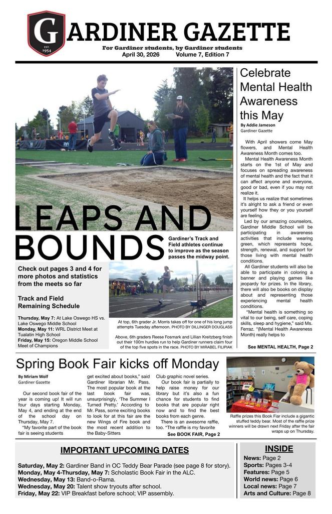 Front page of Gardiner Gazette - various articles