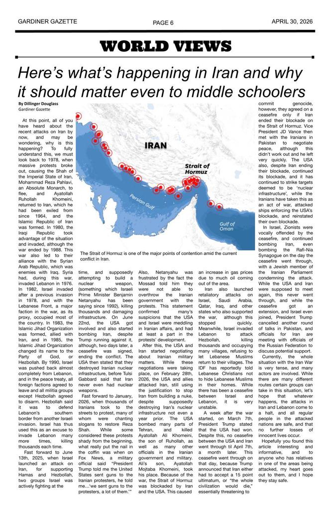 Gardiner Gazette page - World Views - Here's what's happening in Iran and why it should matter even to middle schoolers