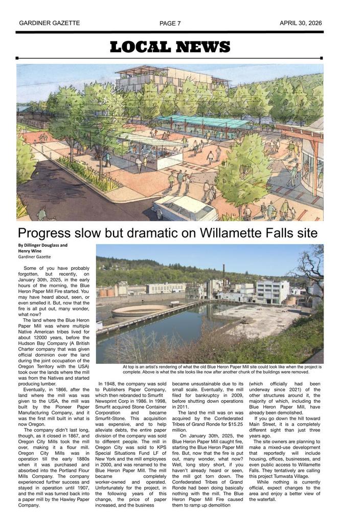 Gardiner Gazette - page 7 Local News - Progress slow but dramatic on Willamette Falls site