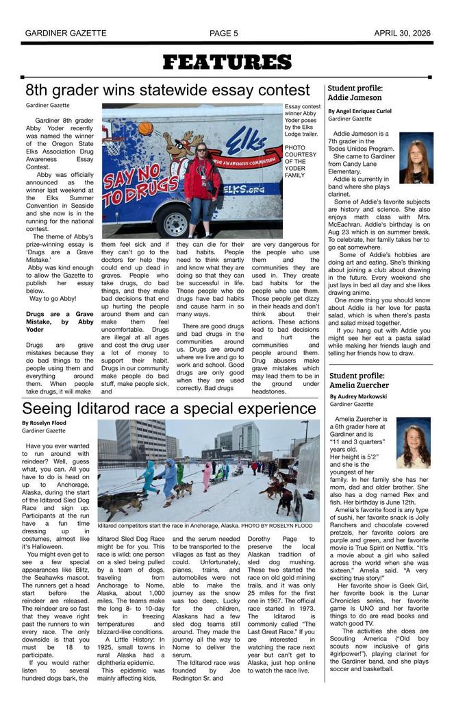 Gardiner Gazette page five - Features - 8th grader wins statewide essay contest - Seeing Iditarod race a special experience