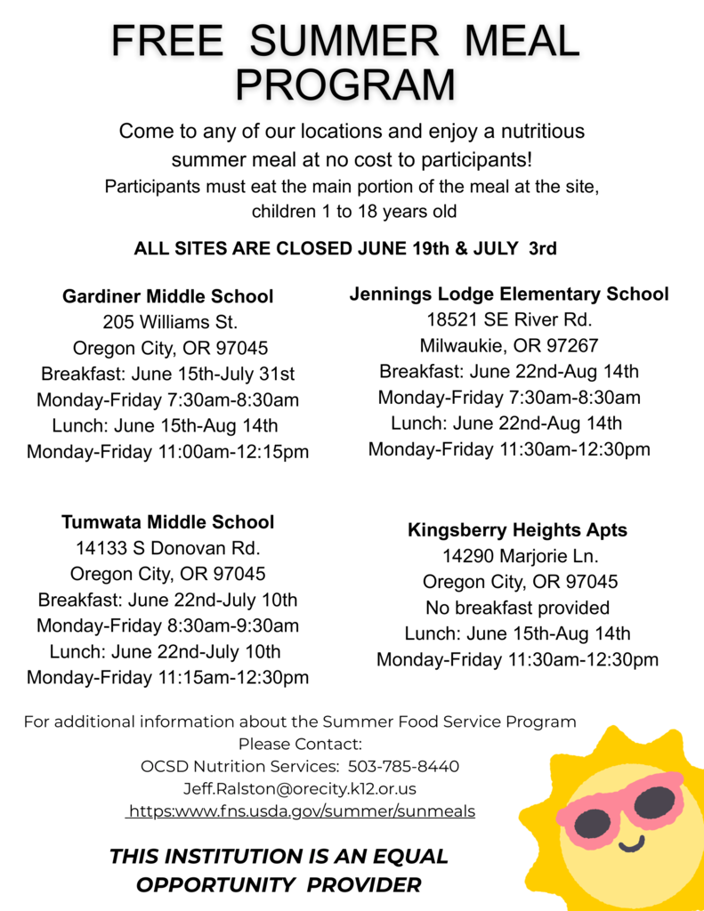 Free Summer Meal Program Come to any of our locations and enjoy a nutritious summer meal at no cost to participants! Participants must eat the main portion of the meal at the site. children 1 to 18 years old All sites are closed June 19th & July 3rd