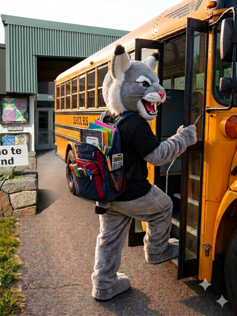 Mascot getting on school bus with a backpack full of supplies.