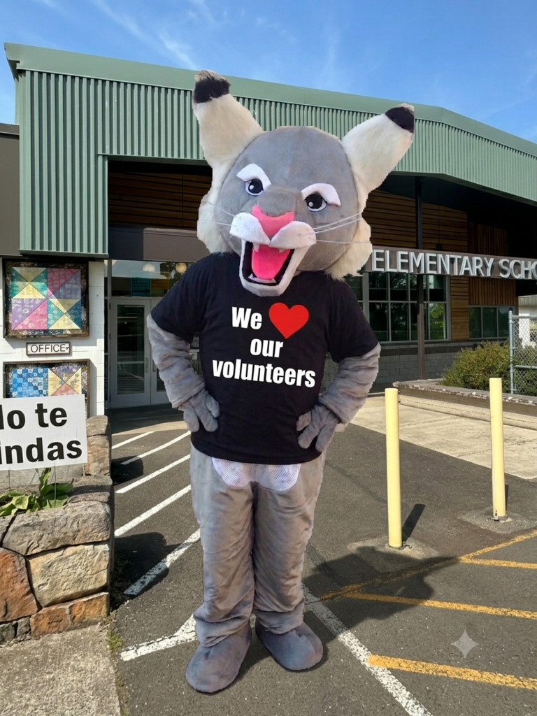 Mascot wearing a tshirt that says We Love our Volunteers