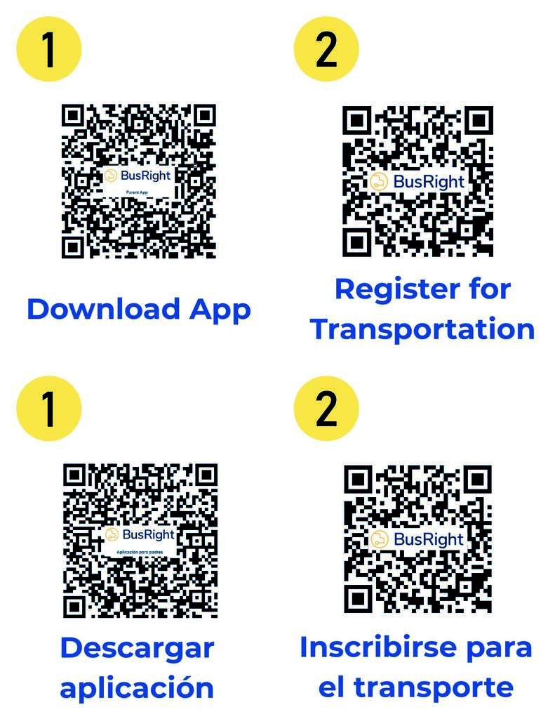 Four QR codes for downloading and registering students for transportation on BusRight