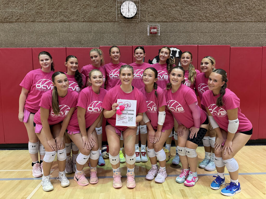 Volleyball Team in Pink shirts supporting Breast Cancer Awareness month.