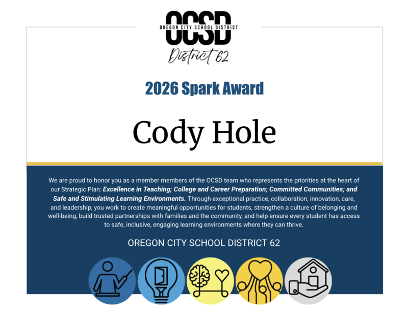 copy of spark award certificate feature CODY HOLE's name front and center.