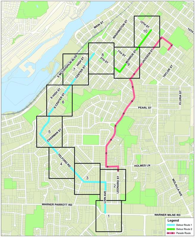 The 2026 Homecoming Parade Route, running from Gardiner Middle School to Pioneer Memorial Stadium