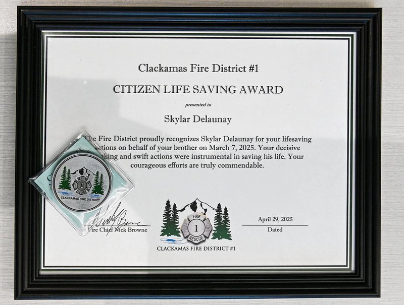 Skylar Delaunay Presented with Citizen Life Saving Award from Clackamas Fire District