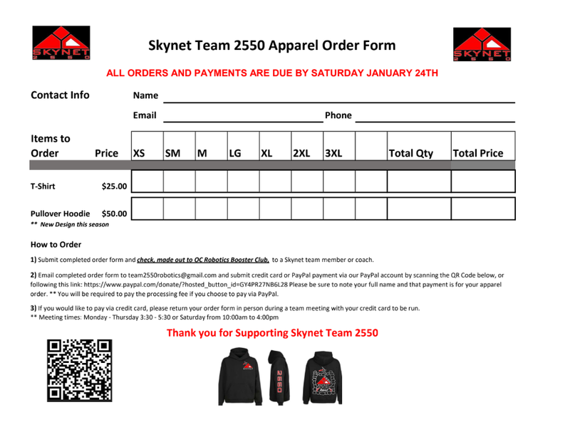 HIGH SCHOOL ROBOTICS SKYNET TEAM SWAG FOR SALE. Please return the order form and payment by January 24th.