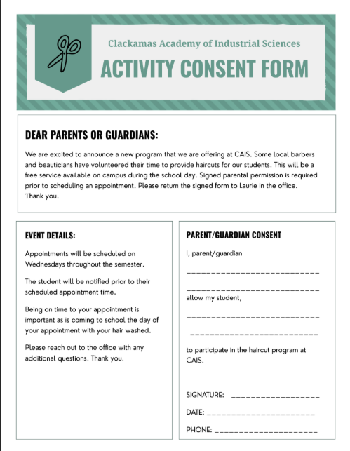 Local barbers and beauticians have volunteered their time to provide haircuts for our students. These will be free, but a signed permission slip is required. Please use the attached FORM