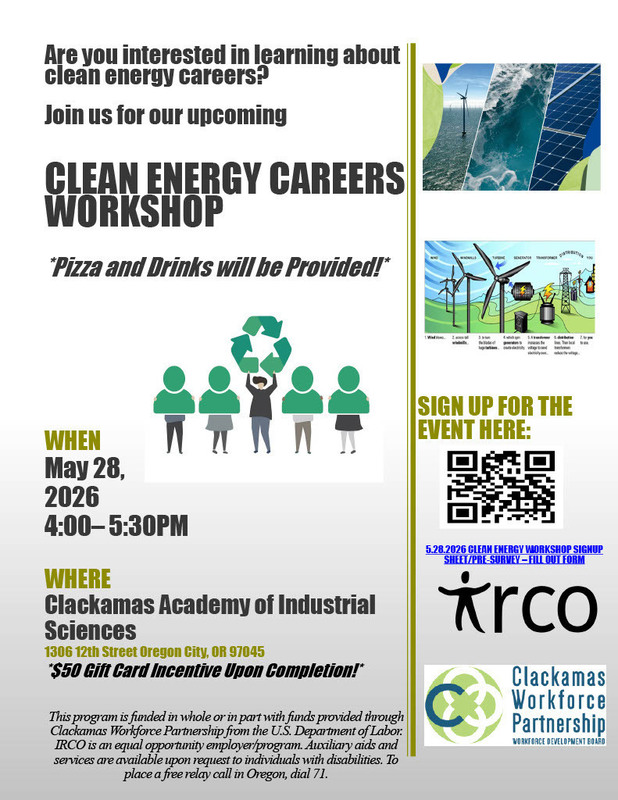 CLEAN ENERGY CAREERS WORKSHOP 4:00 on Thursday, May 28th