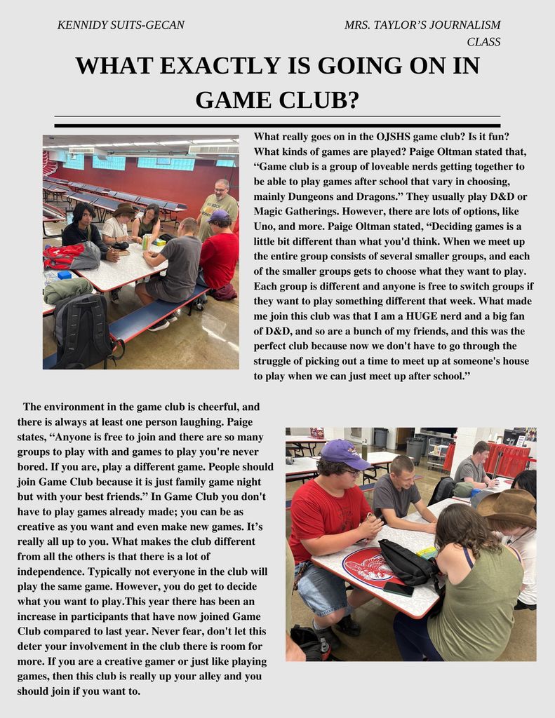 Newsletter about game club