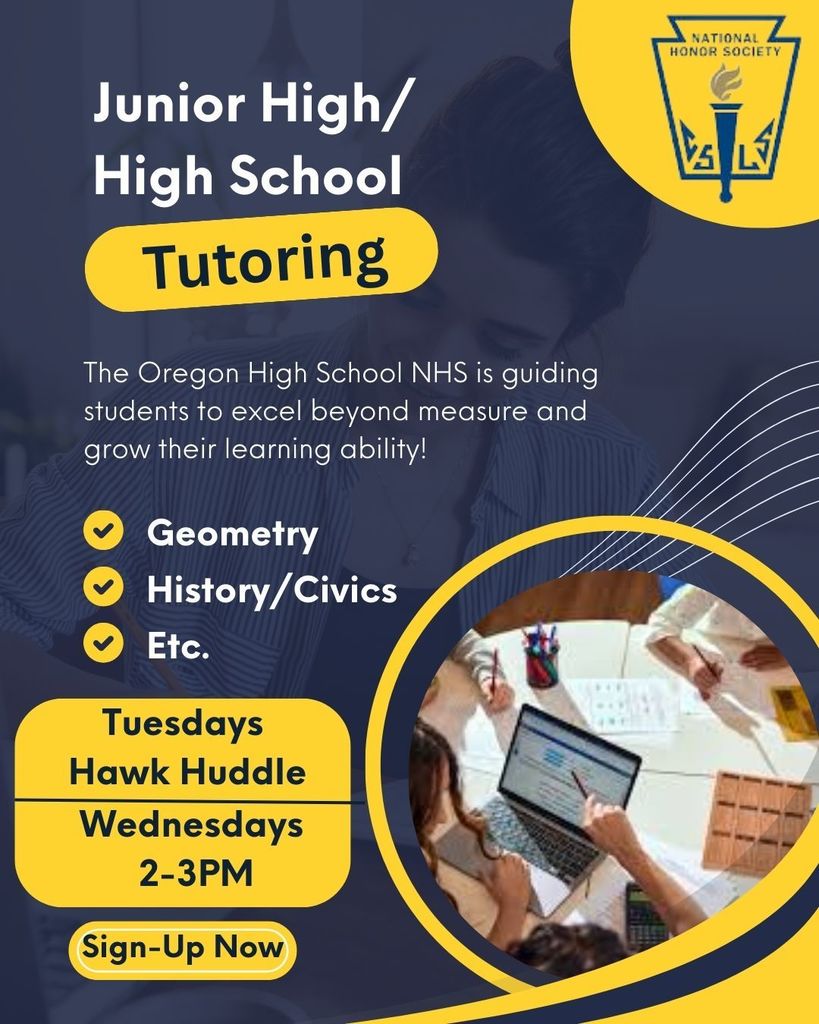 Starting next week on October 7th, National Honor Society is offering tutoring to all Junior and High School students who request it. The available days are Tuesdays in Hawk Huddle, and Wednesdays after school; both will take place in the foyer outside of the old gym. Tutoring will also run throughout the whole year.   Tutoring Request Form link  For any questions, please contact Ms. Carr or Nole Campos via email.