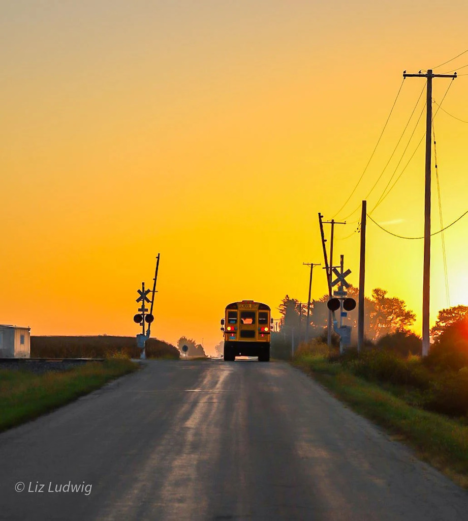 Rising son over bus & rails.