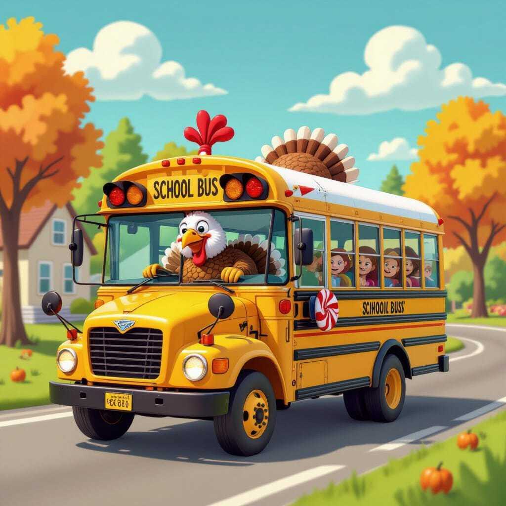 Thanksgiving Turkey Driving a School Bus