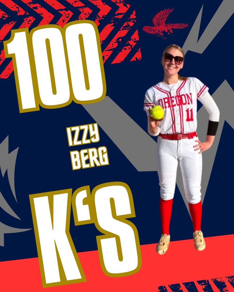 graphic celebrating a softball player’s achievement. The background is primarily dark blue with red and gray design elements, including diagonal patterns and stylized shapes. Large white and gold text on the left reads “100 K’s,” indicating 100 strikeouts. Below that, smaller text reads “Izzy Berg.”  On the right side, a softball player stands smiling, wearing a white uniform with red accents and the word “Oregon” across the chest, along with the number 11. She is holding a yellow softball in one hand and wearing sunglasses. Red socks and tan cleats complete the uniform. A small eagle graphic appears near the top right. The overall design emphasizes the milestone of 100 strikeouts.