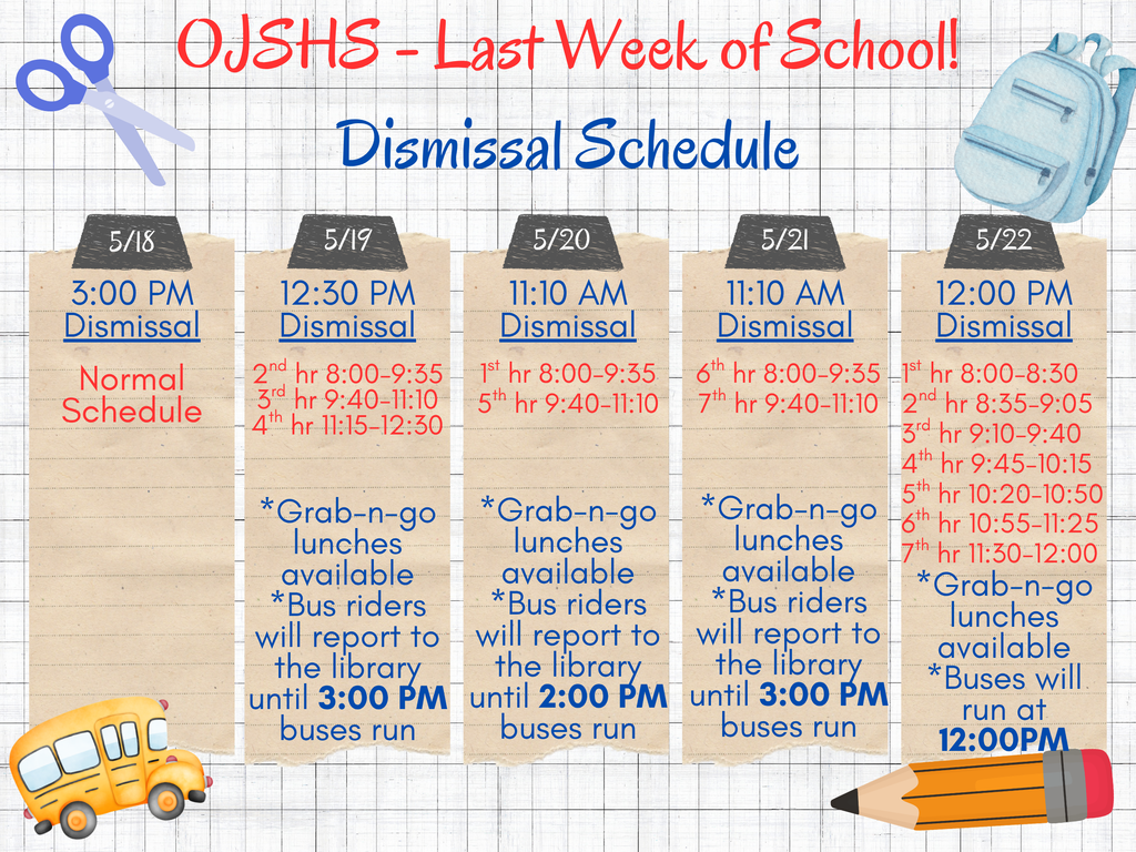 OJSHS Last Week of School Schedule