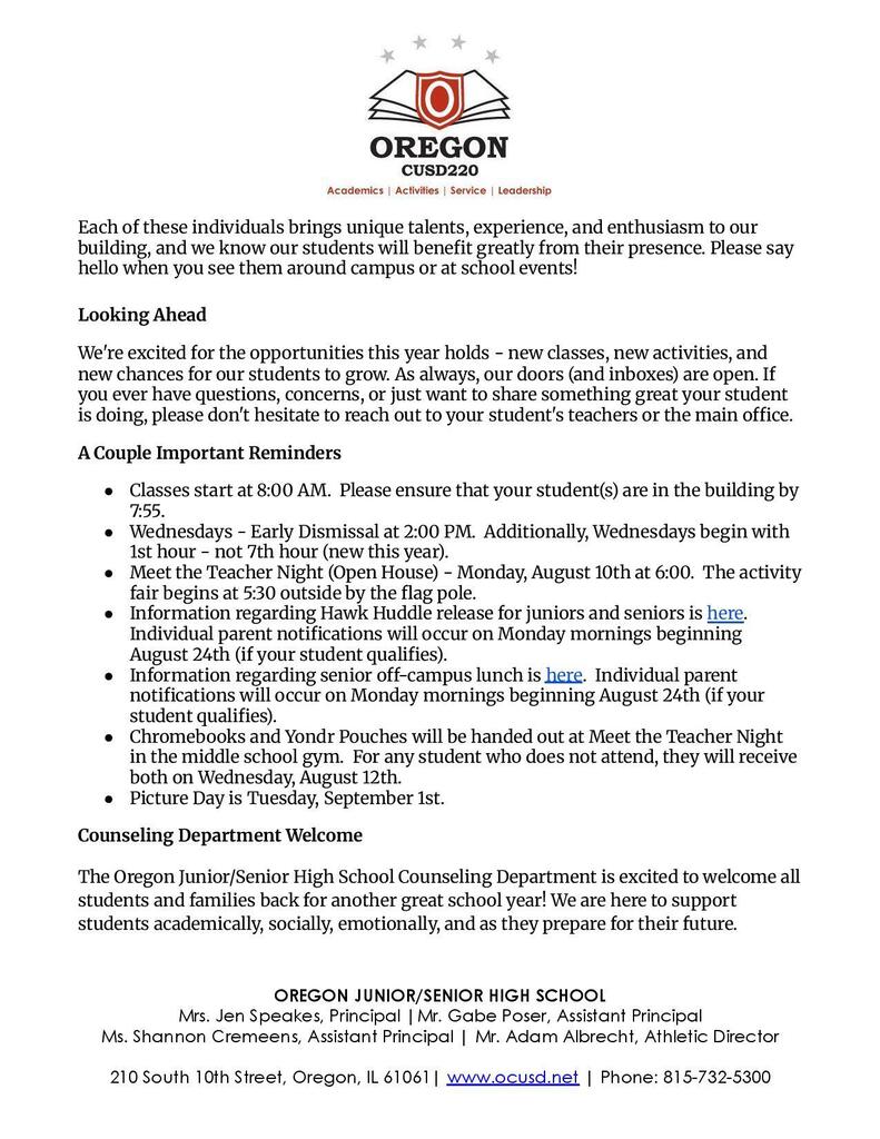 Welcome Back Letter 2