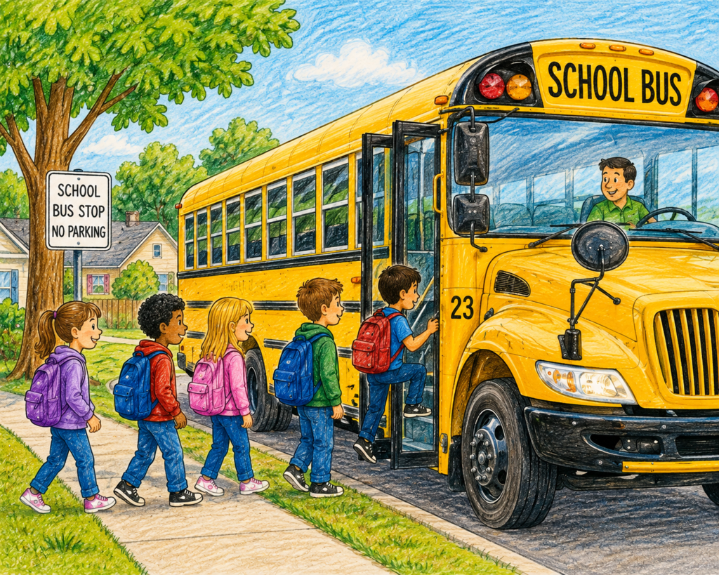 cartoon school bus loading students