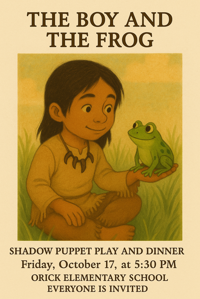 A boy holding a frog that is advertising a shadow puppet show and dinner on October 17th at 5:30 pm