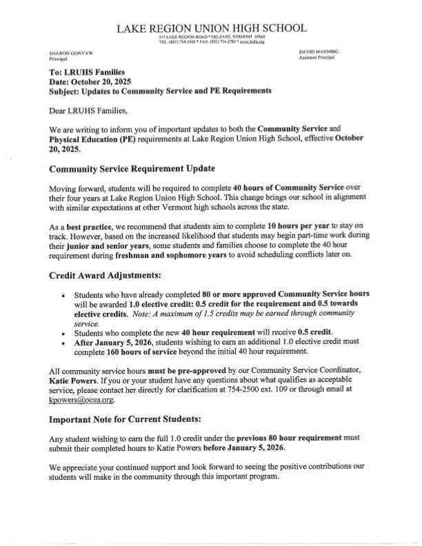 Document Outlining Changes to Community Service Requirements