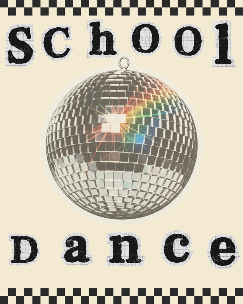 Flyer for school dance with disco ball