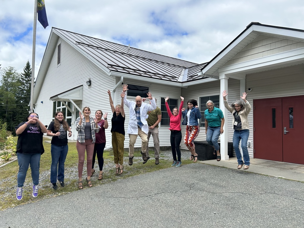 Teachers standing in a line in front of school building jumping up 
