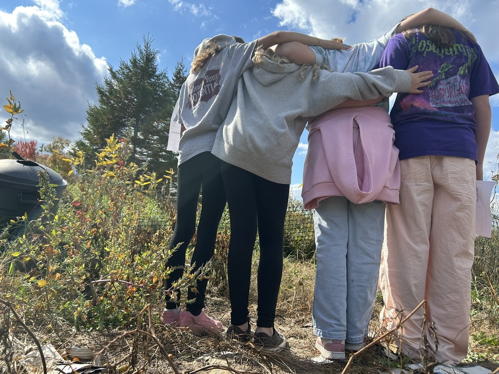 Four girls arms around their backs with fall scenery