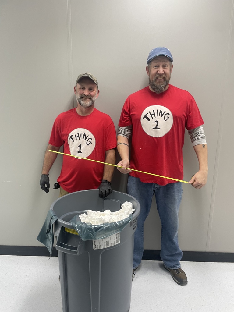 Irasburg Village School Custodians Mr John and Mr Dan dressed as Thing 1 and Thing 2 for spirit week