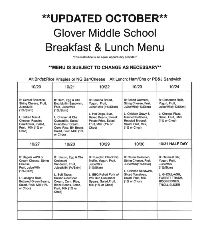 Updated October lunch menu
