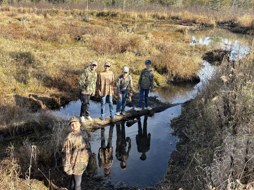 7th grades on a log in the beaver pond