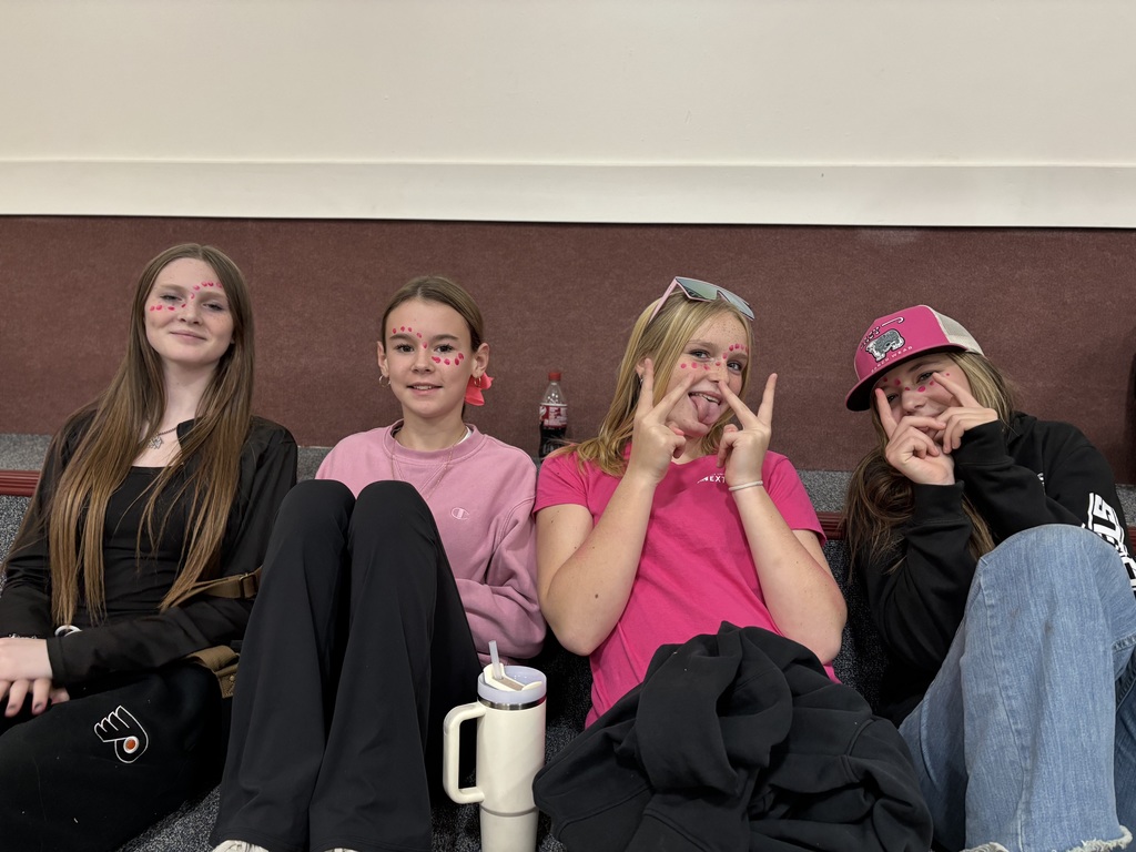 four 8th grade girls wearing pink face paint and posing on the bleachers