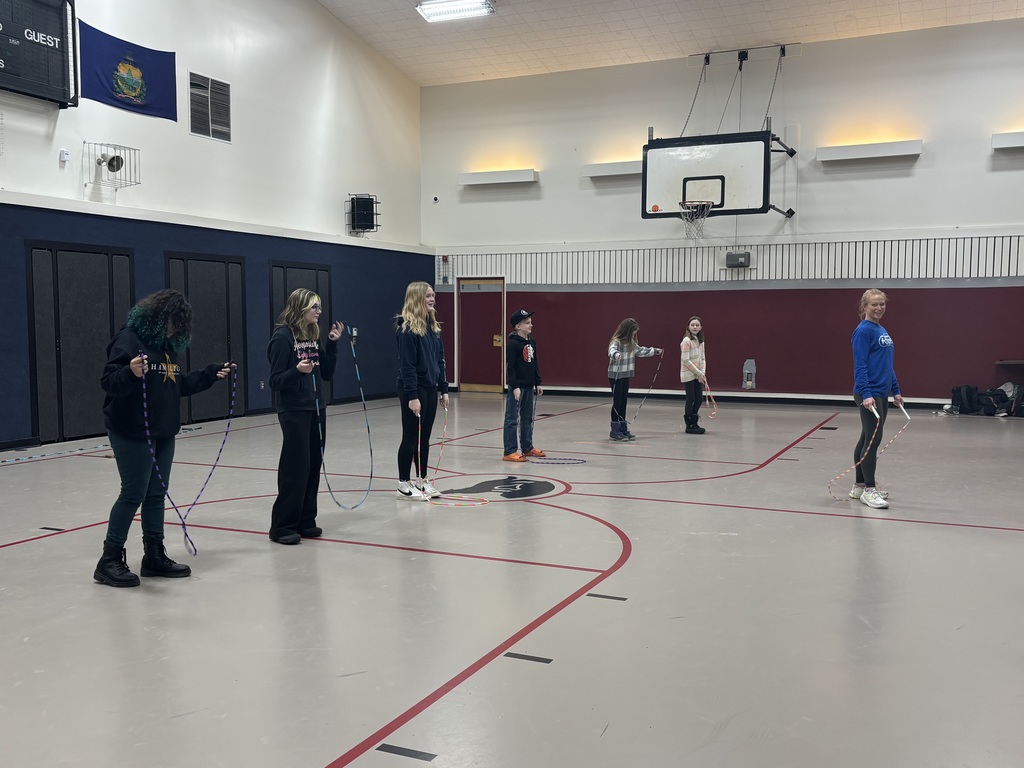 Students are in a roy in the gym learning a cool jump rope technique 