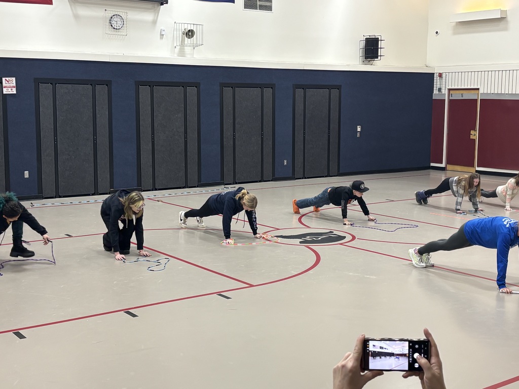 Students are in a roy in the gym learning a cool jump rope technique 