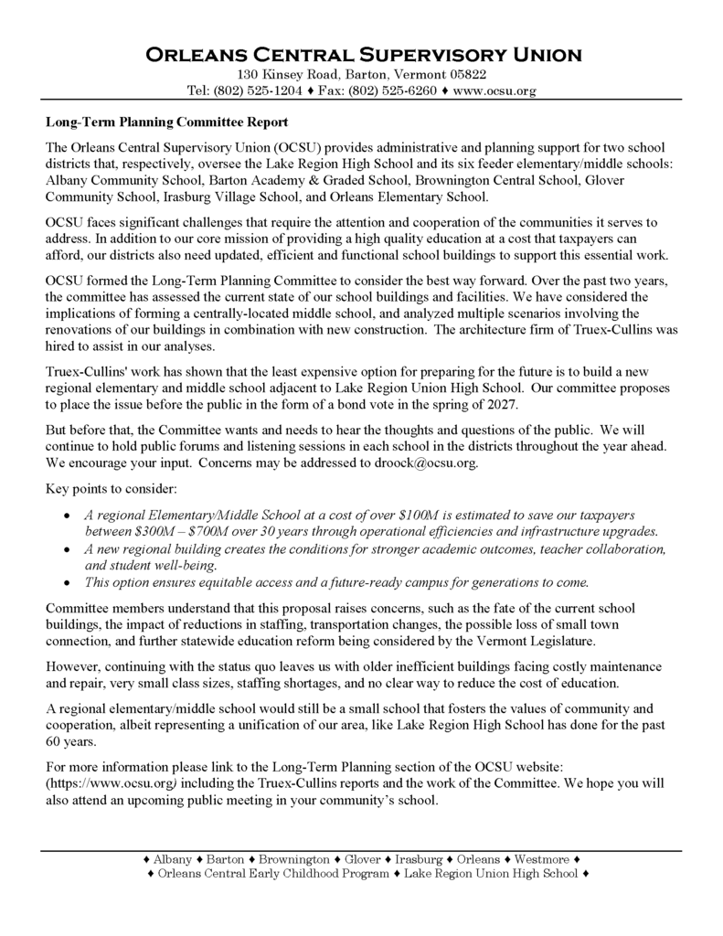 Long-Term Planning Committee Report 1-2026