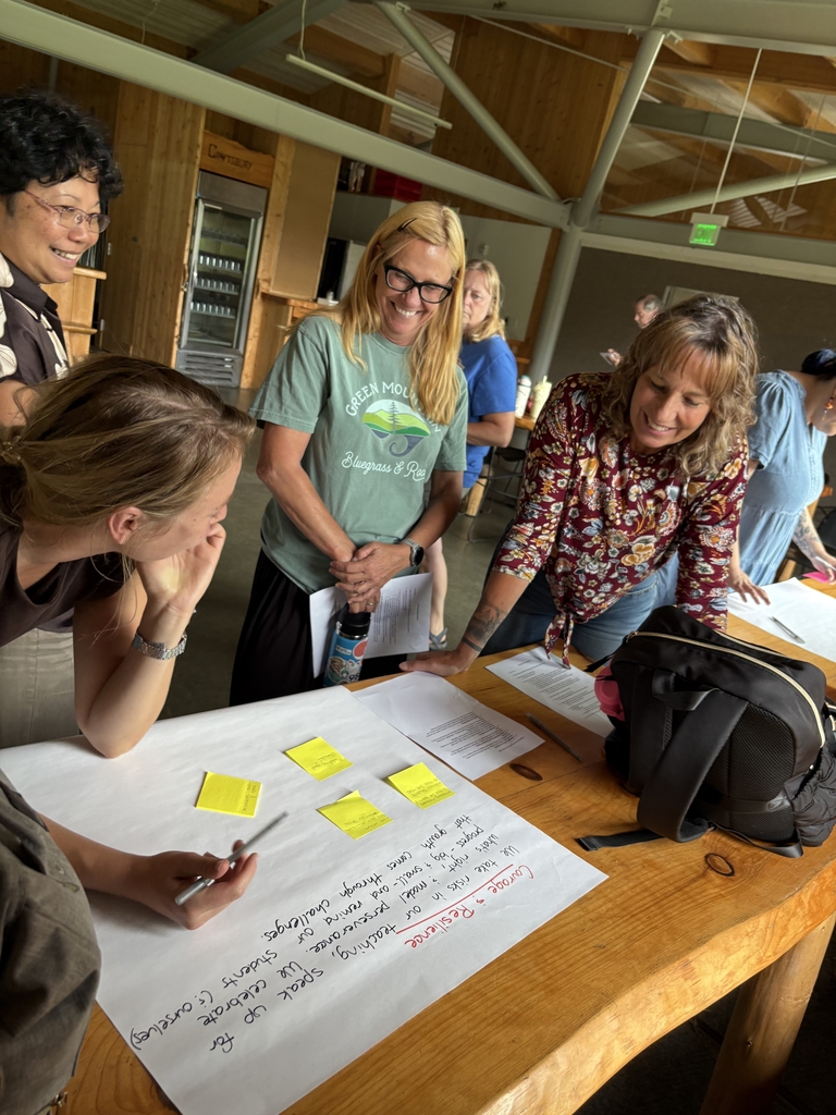 Teachers meet around a poster paper and sticky notes