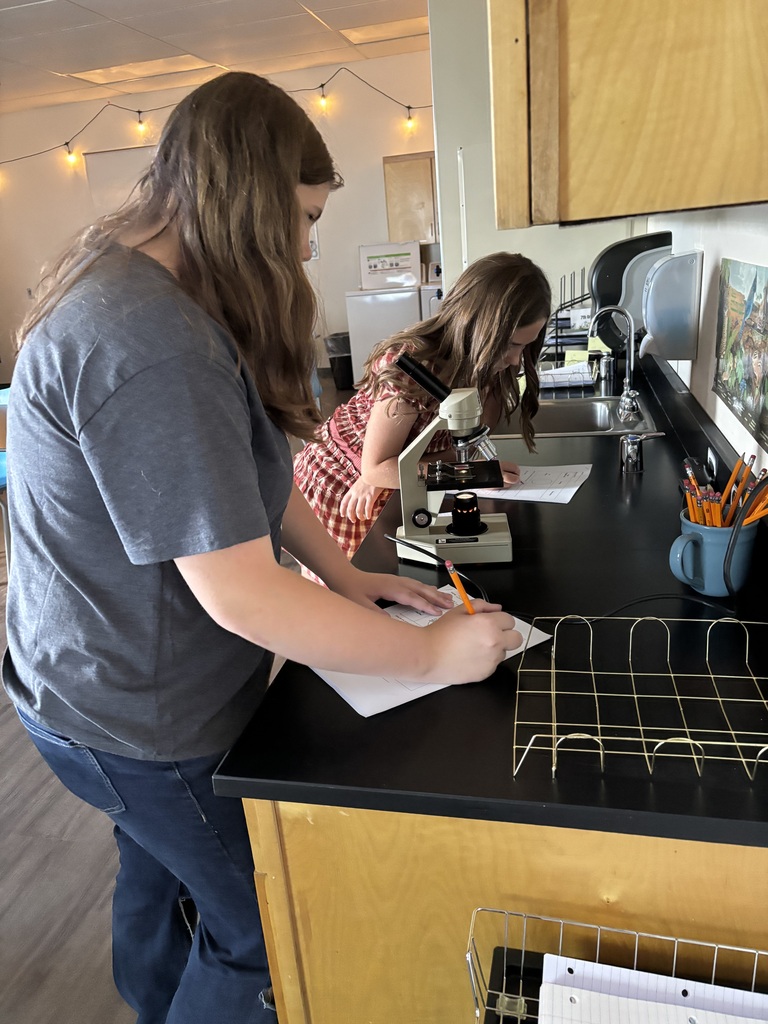 the 6th grade girls take notes and look through the microscopes