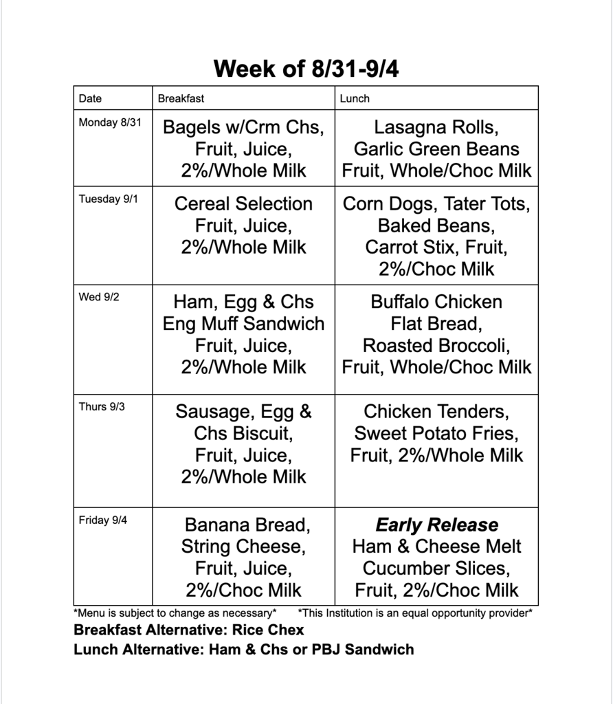 breakfast and lunch menu for August 31 to September 4