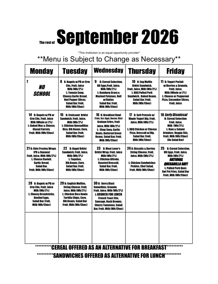 September lunch menu