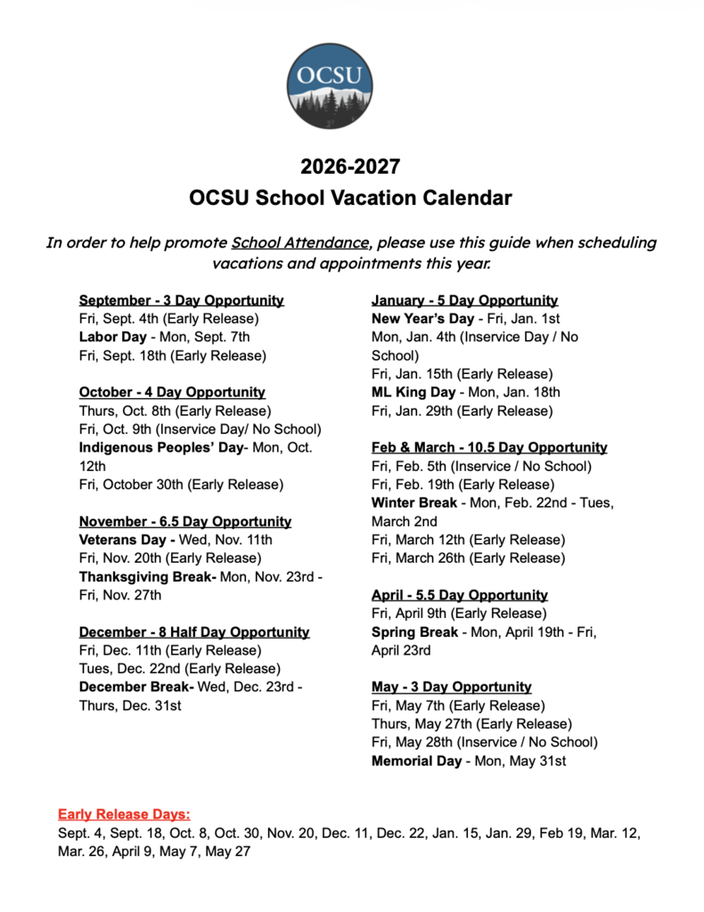 School Vacation Calendar