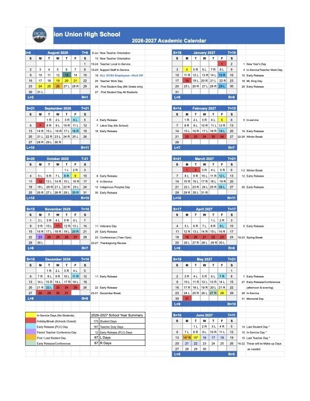 Academic Calendar with L/R Day